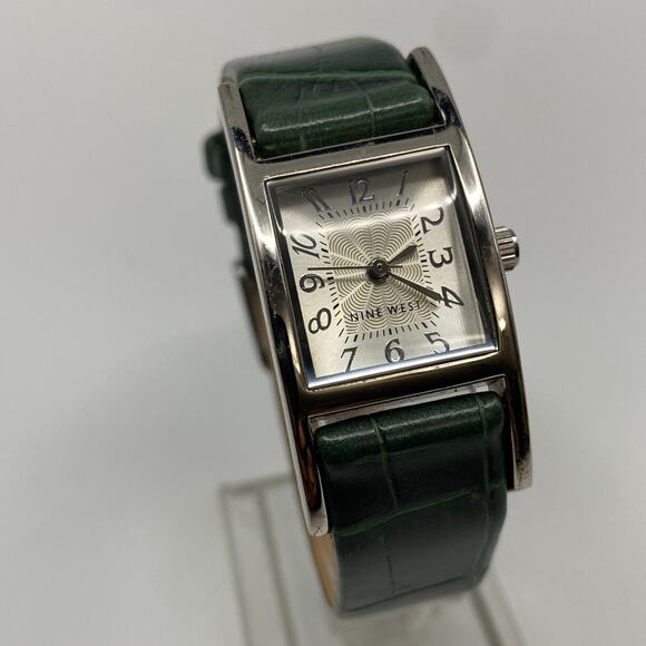 Nine West Silver Tone Square Dial Green Leather Band Watch Working New Battery - Picture 2 of 7